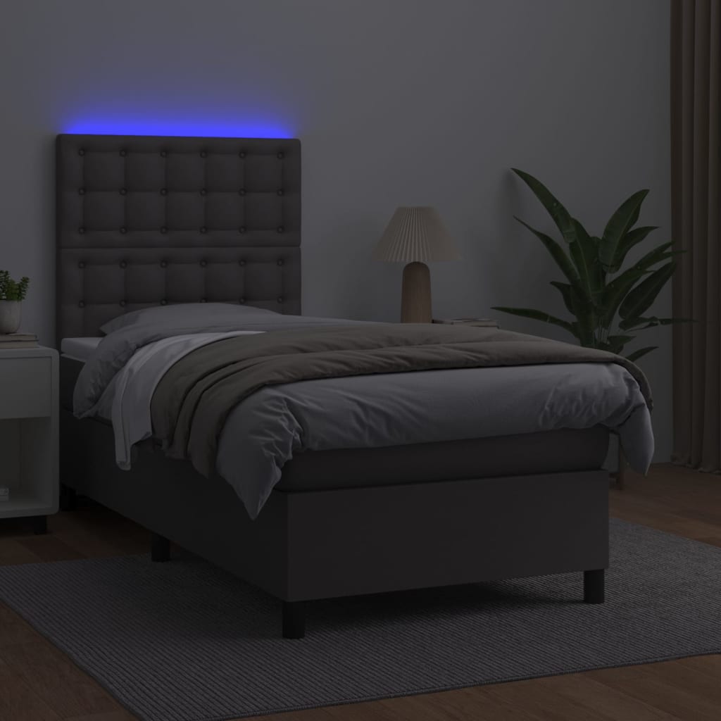 vidaXL Cama box spring colchón y LED cuero sintético gris 100x200 cm