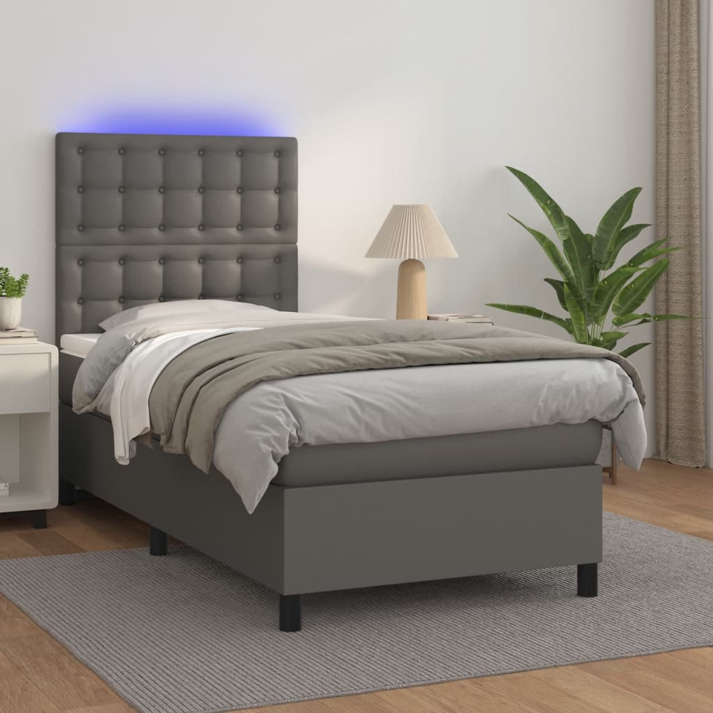 vidaXL Cama box spring colchón y LED cuero sintético gris 100x200 cm