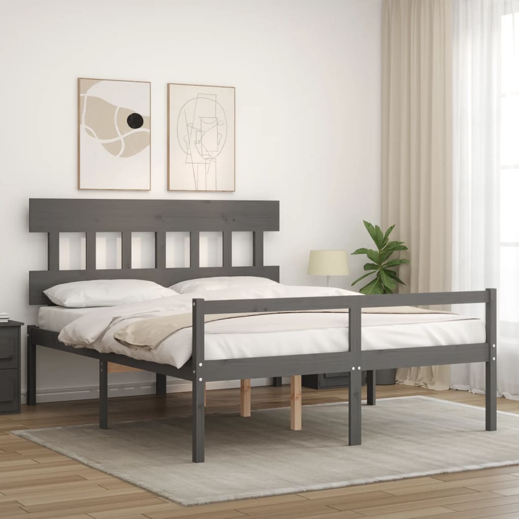 vidaXL Cama de matrimonio personas mayores cabecero madera maciza gris