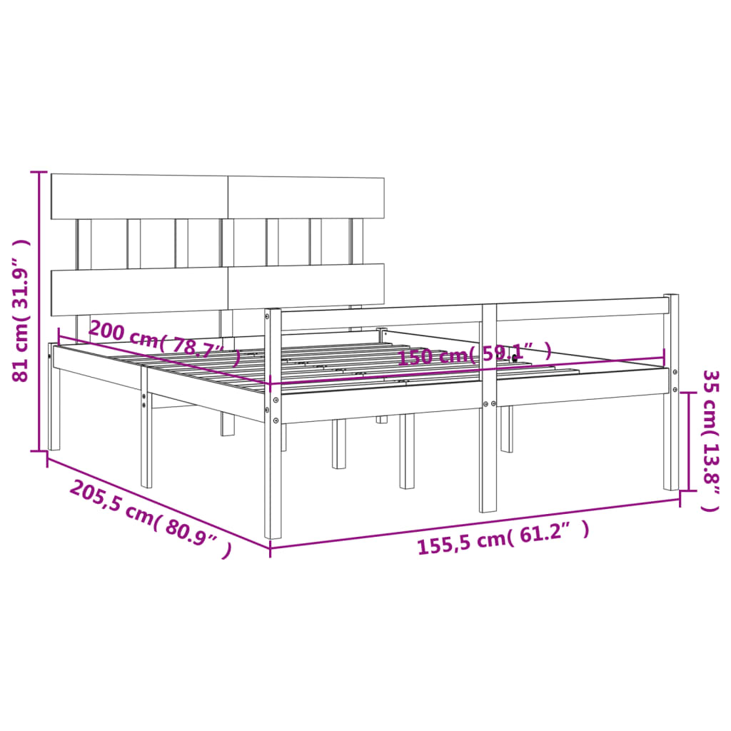 vidaXL Cama de matrimonio personas mayores cabecero madera maciza gris