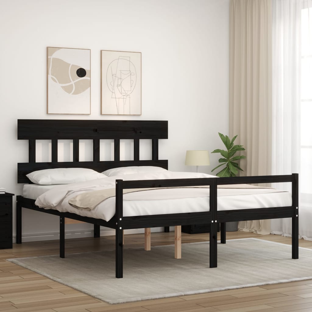 vidaXL Cama matrimonio personas mayores cabecero madera maciza negro