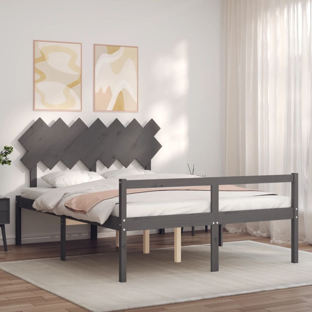 vidaXL Cama de matrimonio personas mayores cabecero madera maciza gris