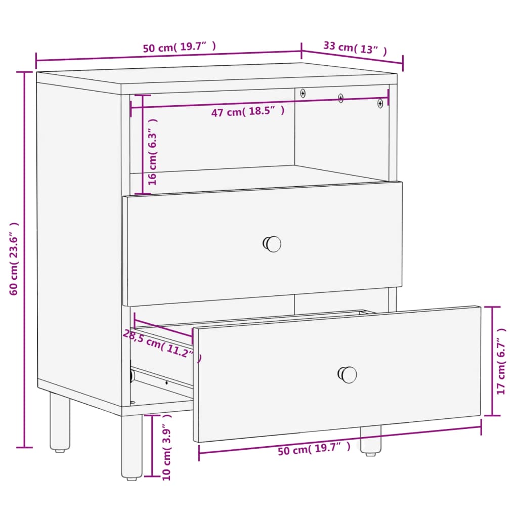 vidaXL Mesita de noche madera maciza de mango negra 50x33x60 cm