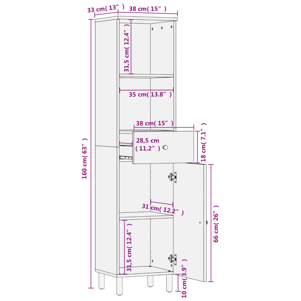 vidaXL Mueble de baño de madera maciza de mango negro 38x33x160 cm