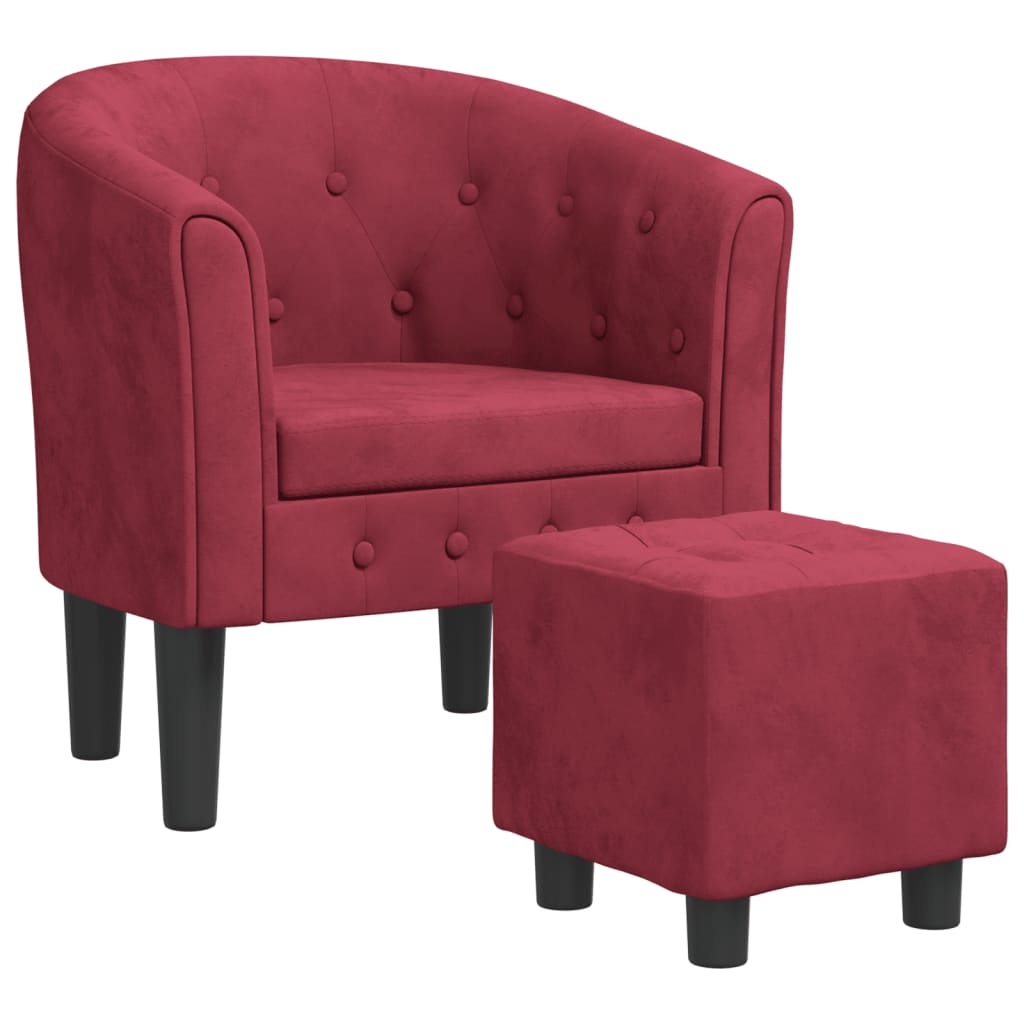 vidaXL Sillón con taburete terciopelo rojo tinto