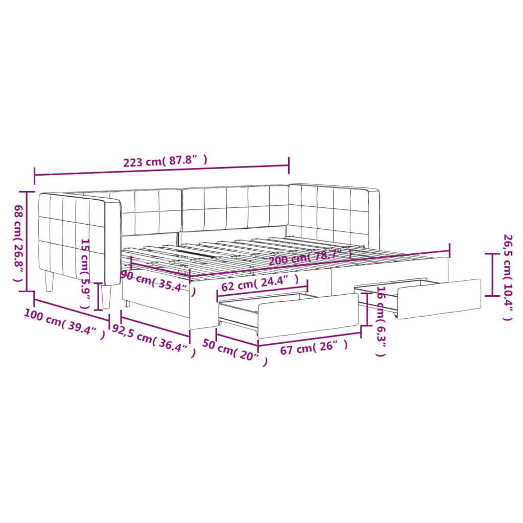 vidaXL Sofá cama nido con cajones terciopelo rosa 90x200 cm