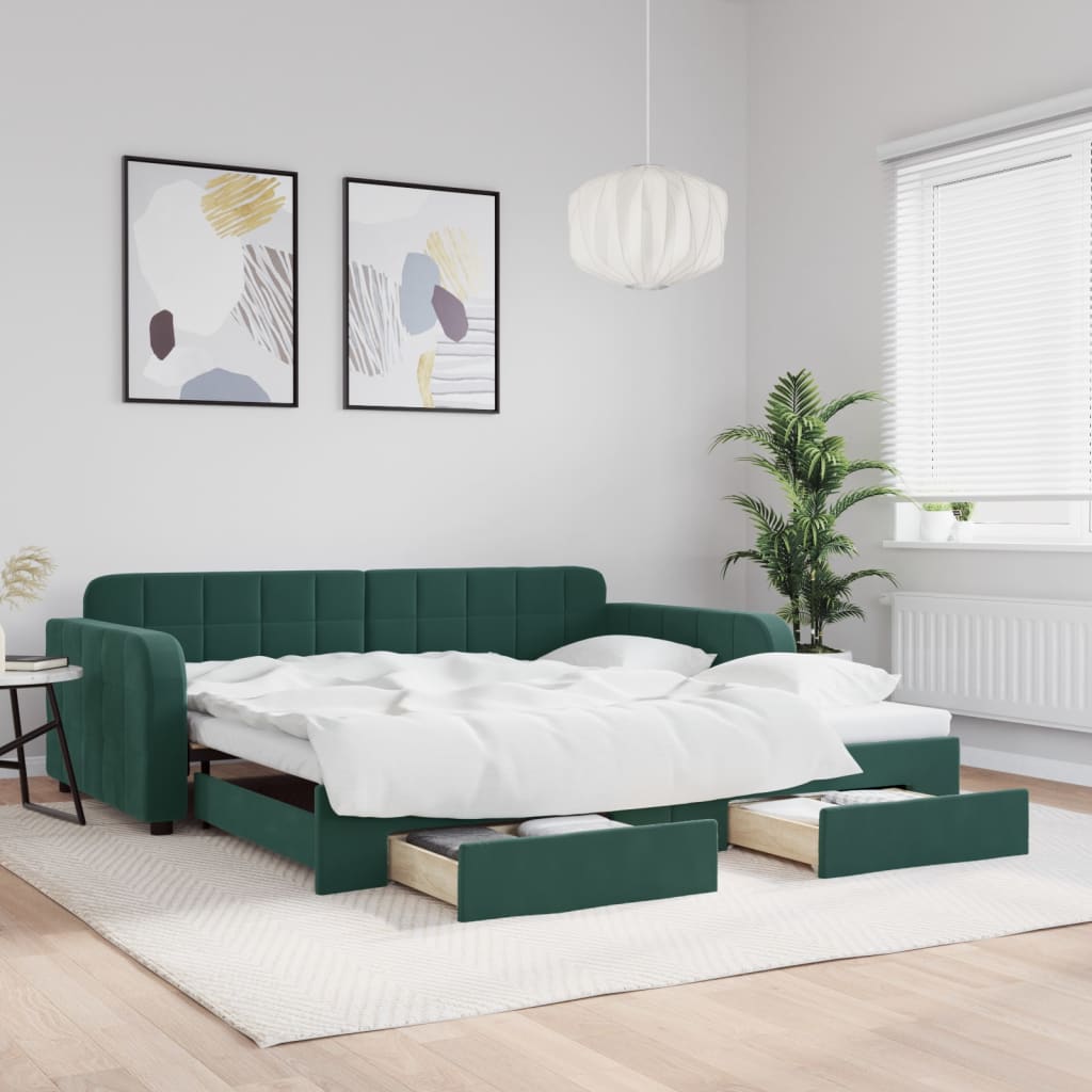 vidaXL Sofá cama nido con cajones terciopelo verde oscuro 100x200 cm