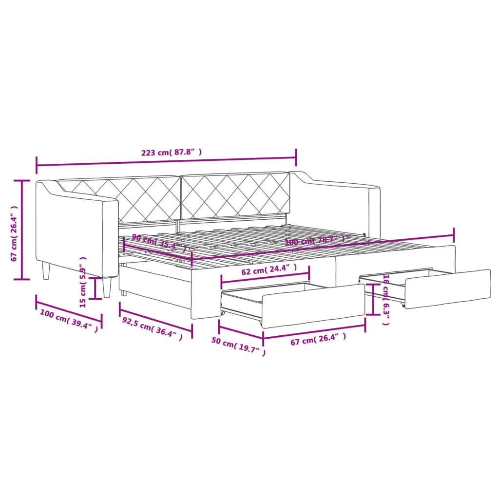 vidaXL Sofá cama nido con cajones tela gris claro 90x200 cm