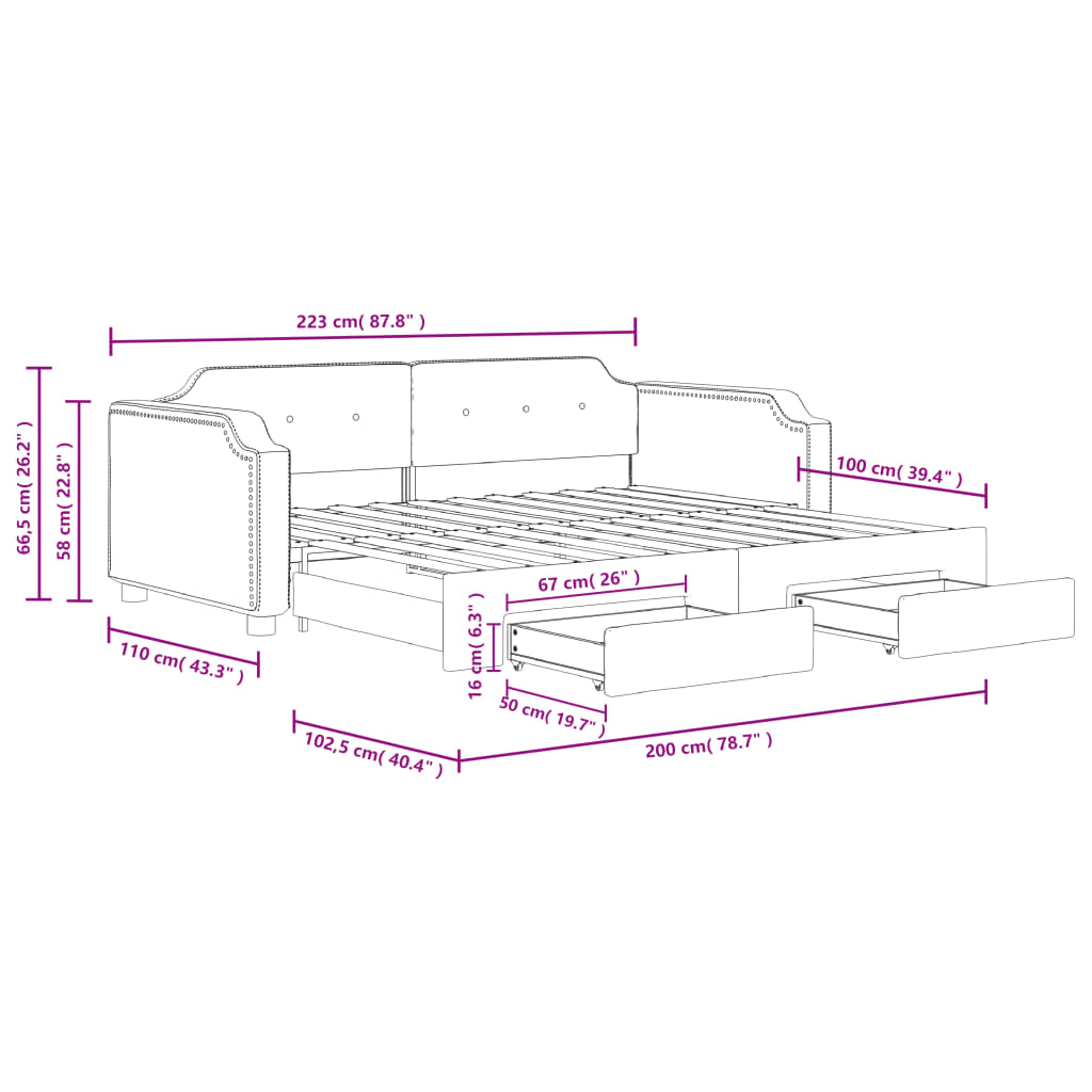 vidaXL Sofá cama nido con cajones tela gris claro 100x200 cm