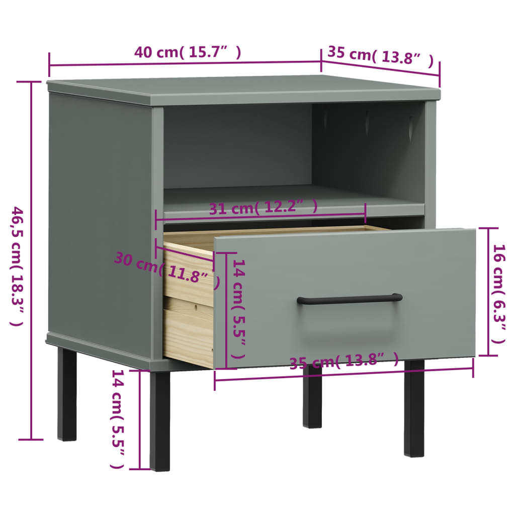 vidaXL Mesita de noche patas de metal madera maciza pino gris OSLO