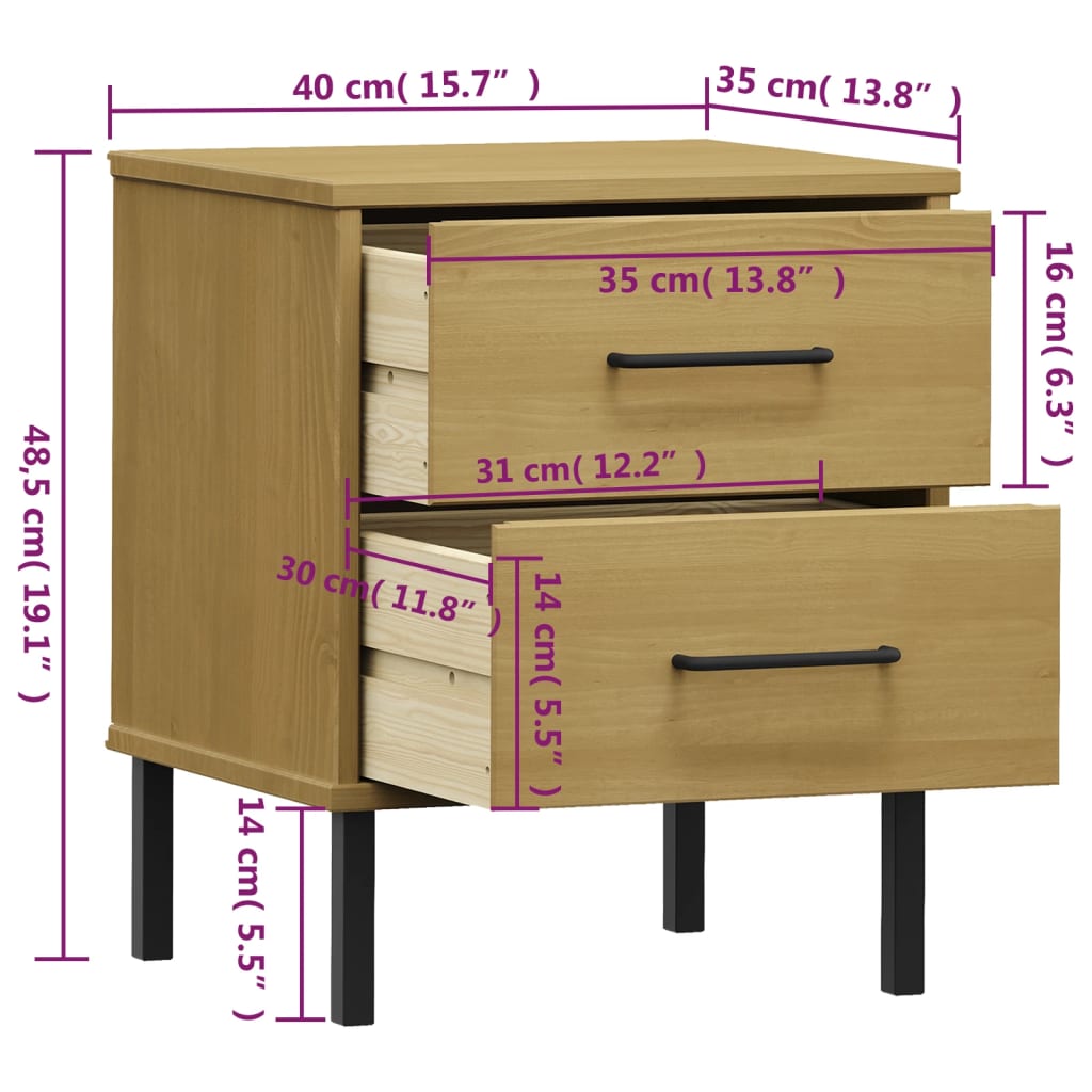 vidaXL Mesita de noche patas de metal madera maciza pino marrón OSLO