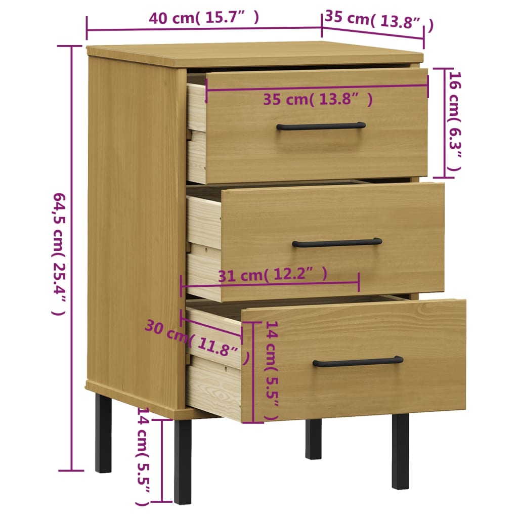 vidaXL Mesita de noche patas de metal madera maciza pino marrón OSLO