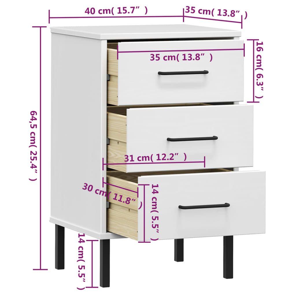 vidaXL Mesita de noche patas de metal madera maciza pino blanca OSLO