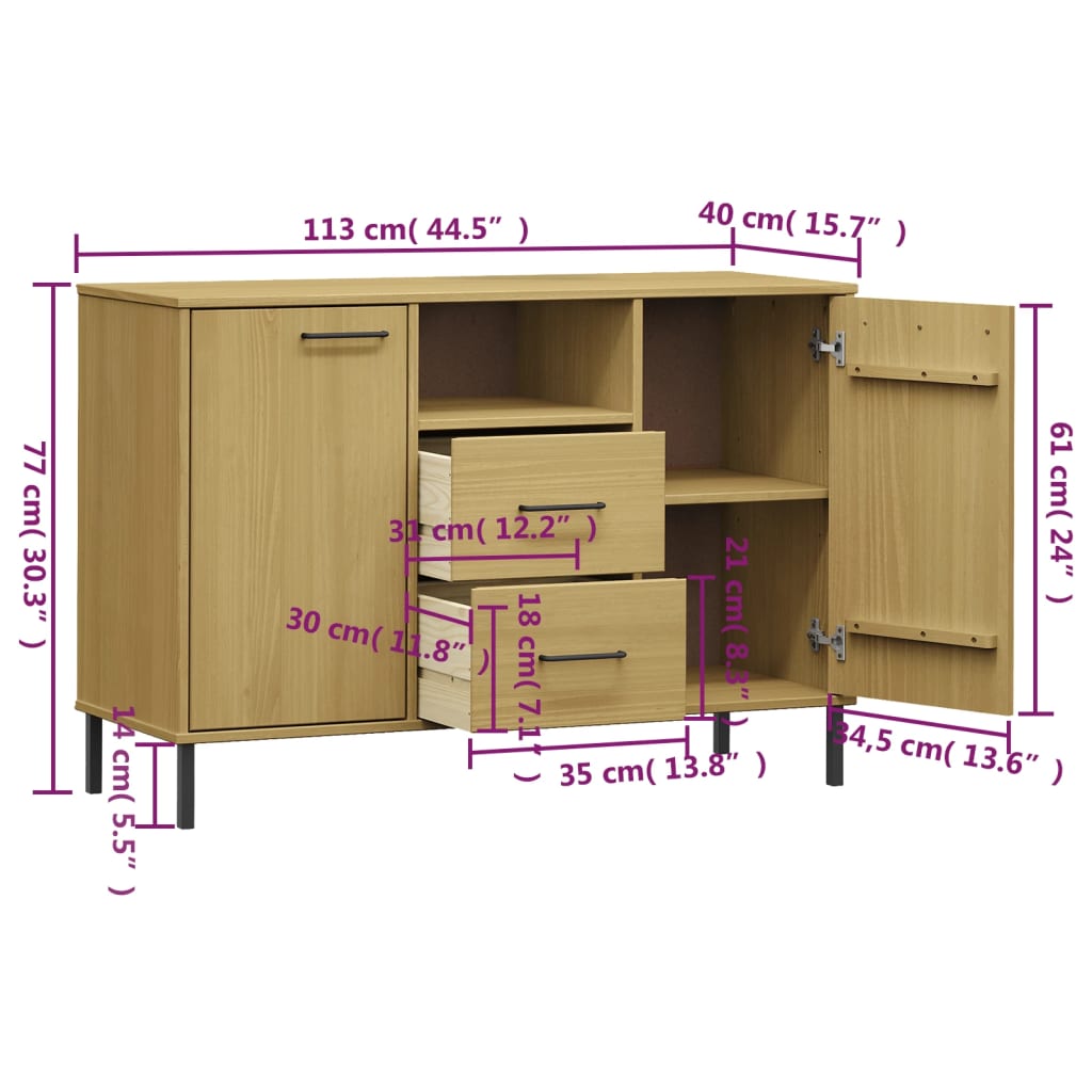 vidaXL Zapatero patas de metal OSLO madera maciza marrón 113x40x77 cm