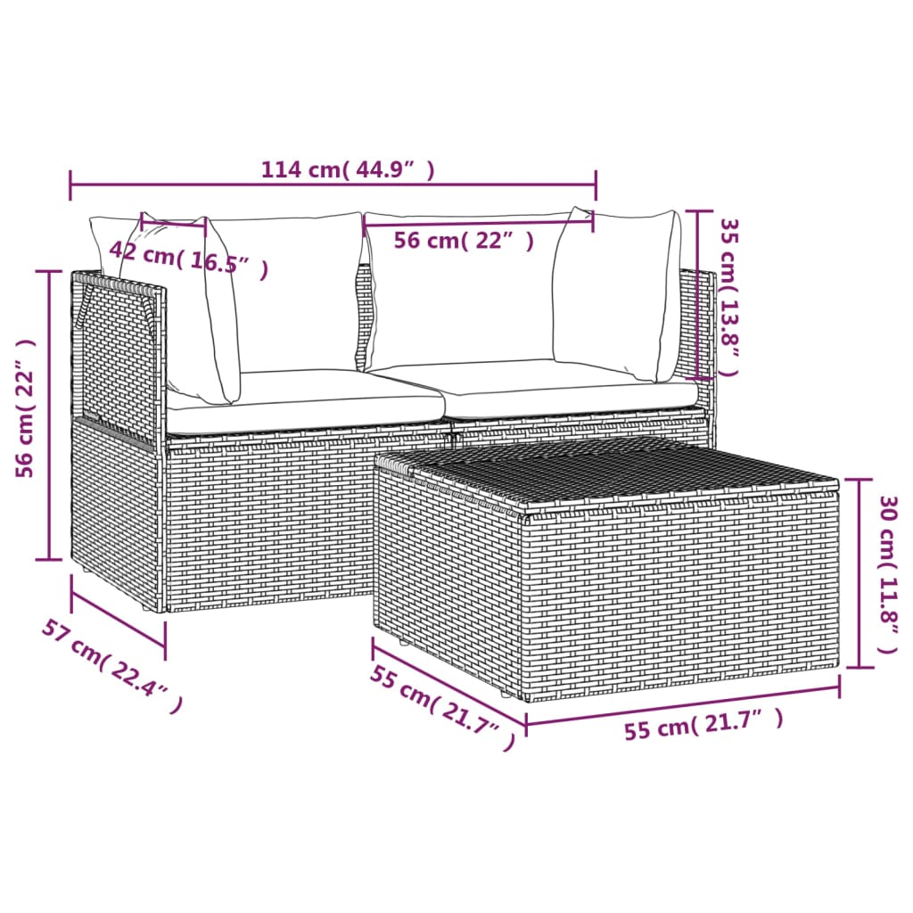 vidaXL Set de muebles de jardín 3 pzas y cojines ratán sintético gris