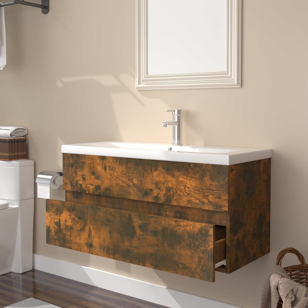 vidaXL Mueble de baño con lavabo madera contrachapada roble ahumado