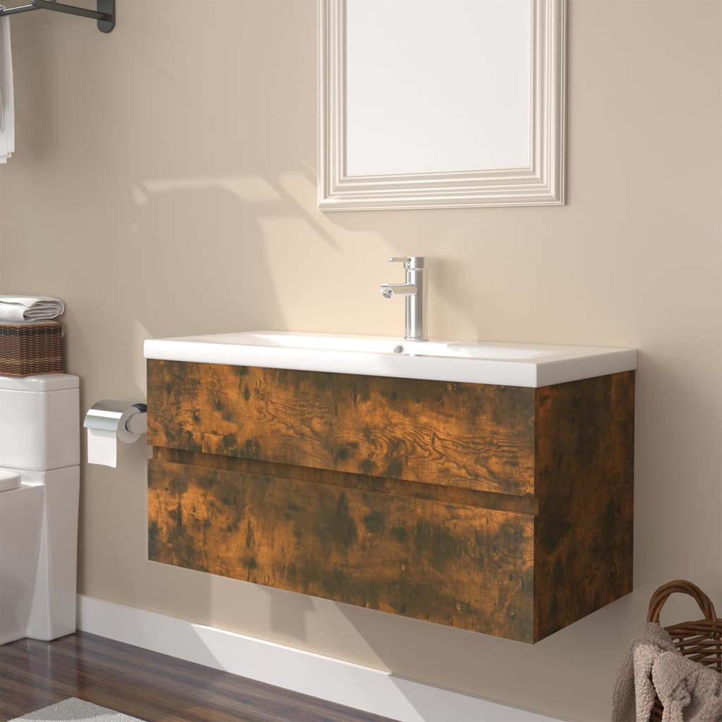 vidaXL Mueble de baño con lavabo madera contrachapada roble ahumado