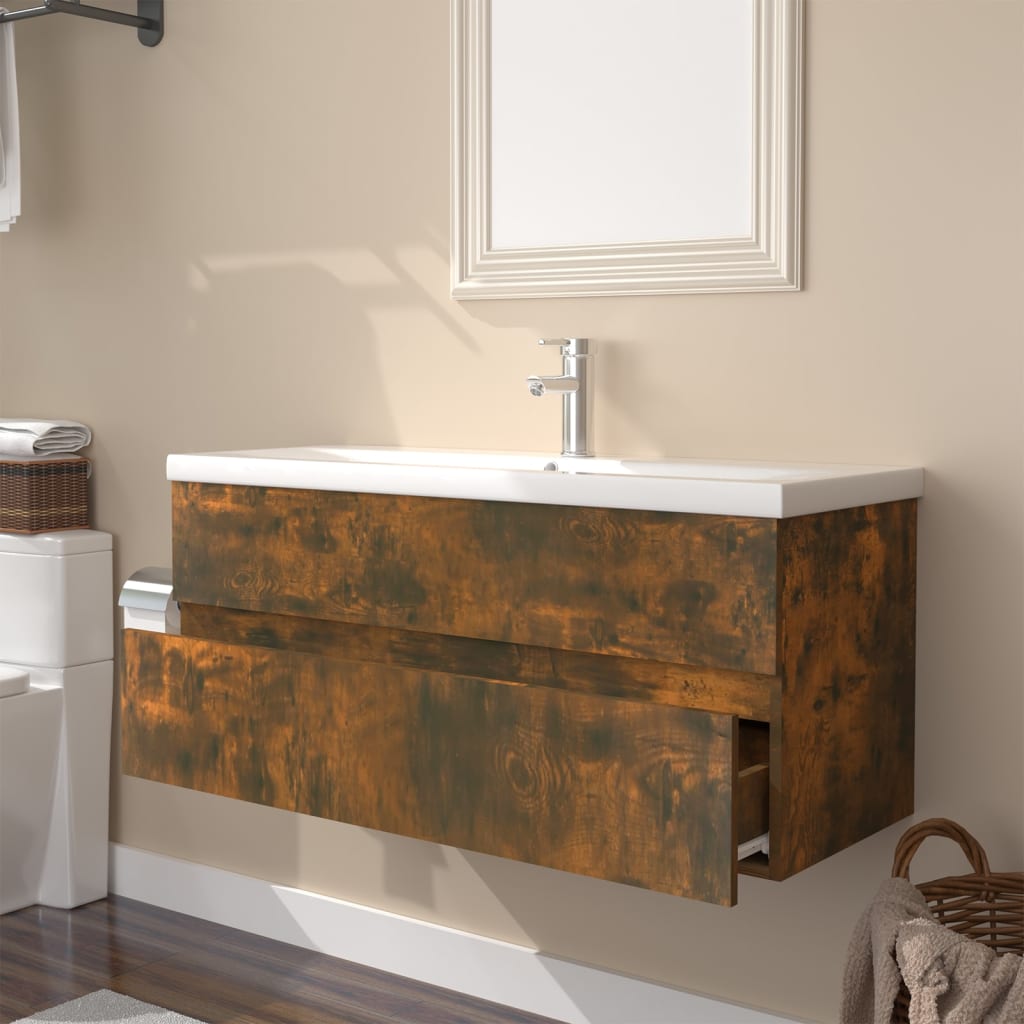 vidaXL Mueble de baño con lavabo madera contrachapada roble ahumado