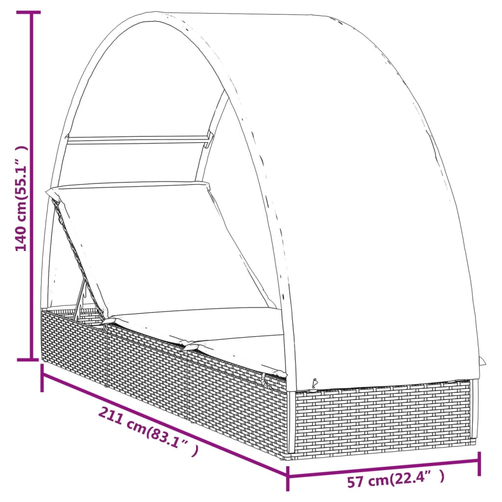 vidaXL Tumbona con toldo redondo ratán sintético gris 211x57x140 cm