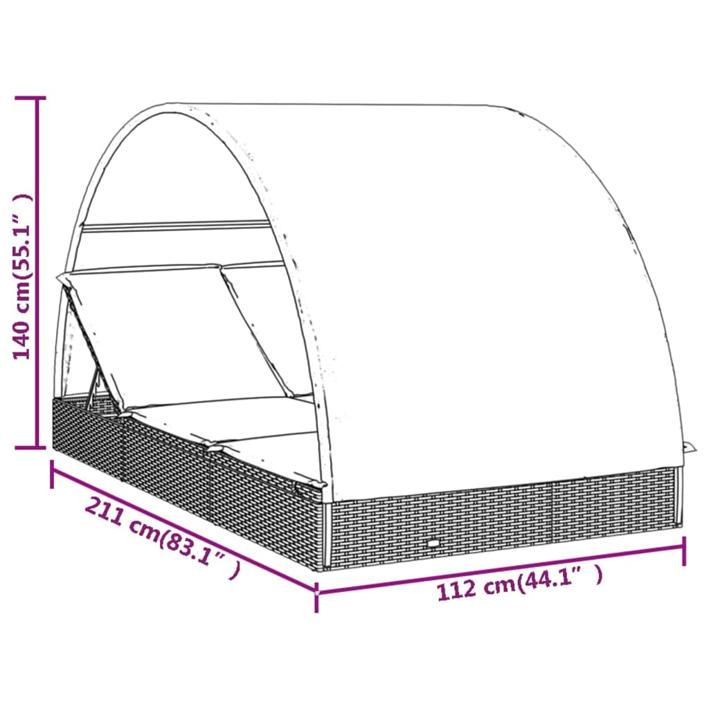 vidaXL Tumbona 2 personas toldo redondo ratán PE gris 211x112x140 cm