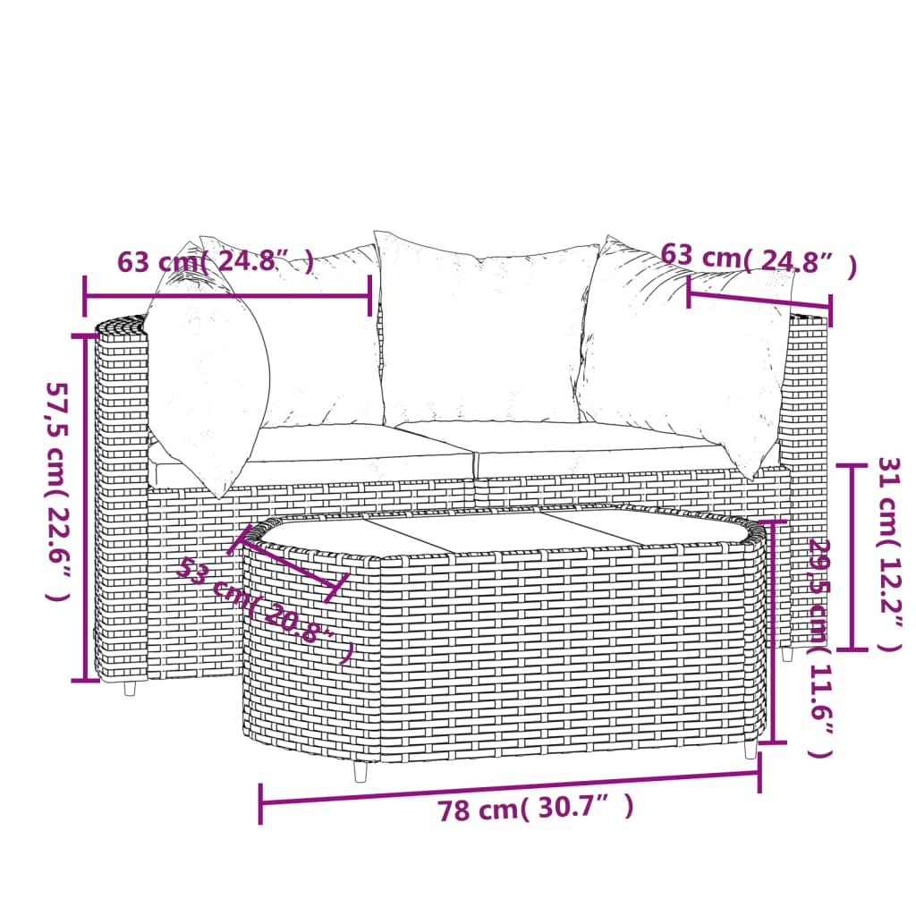 vidaXL Set muebles de jardín 3 piezas y cojines ratán sintético marrón