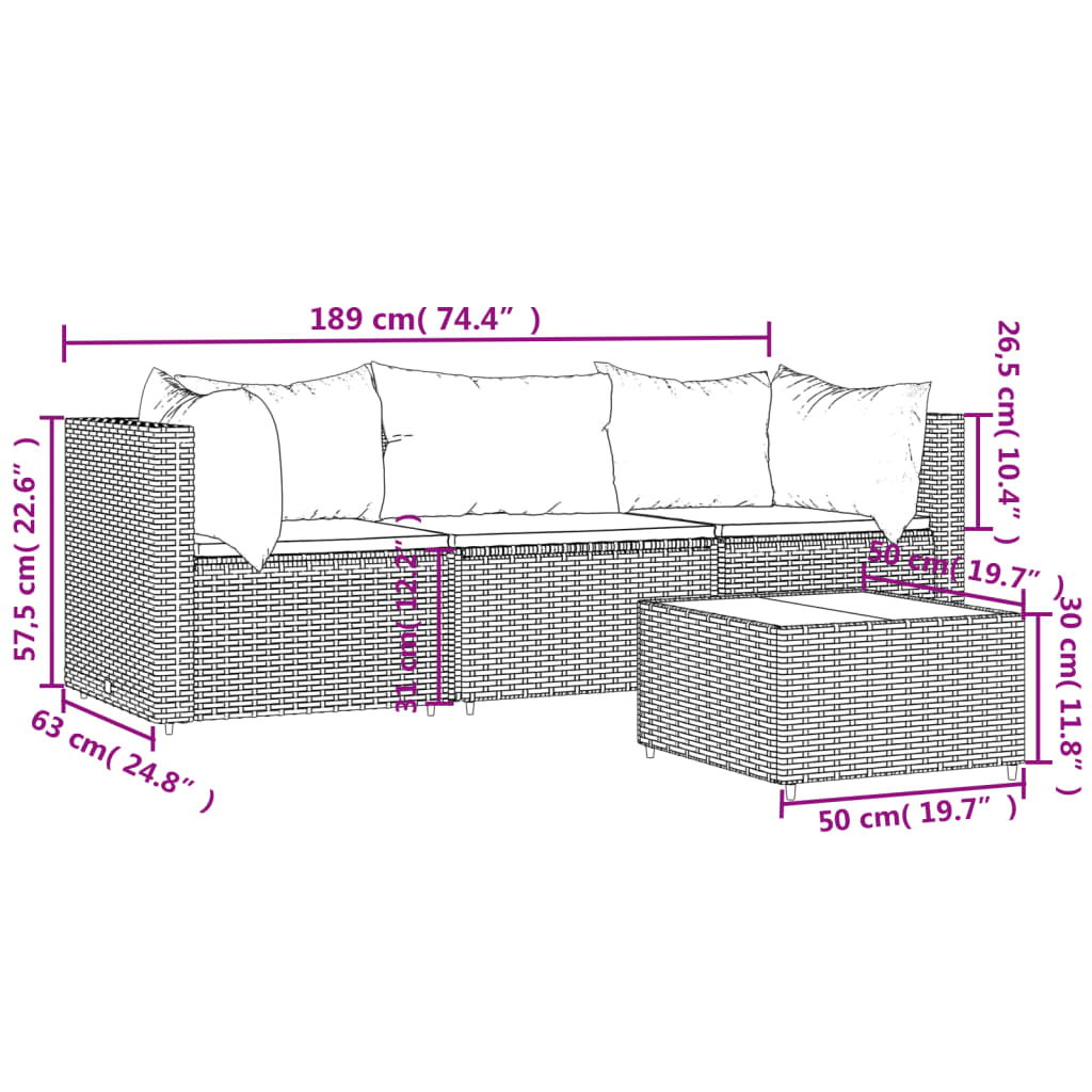 vidaXL Set de muebles de jardín 4 pzas y cojines ratán sintético gris