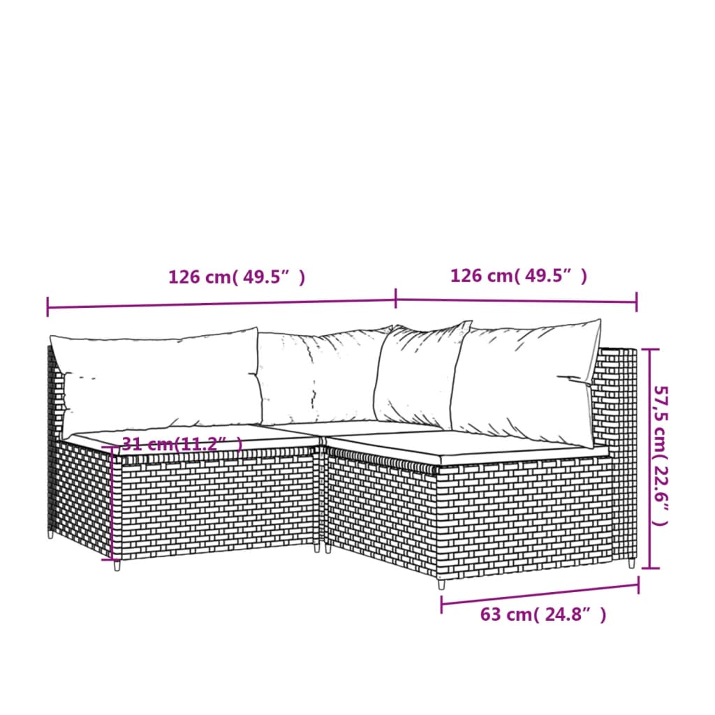 vidaXL Set muebles de jardín 3 piezas y cojines ratán sintético marrón