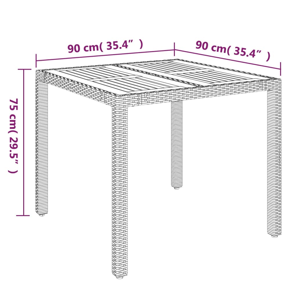 vidaXL Mesa de jardín superficie de madera ratán PE gris 90x90x75 cm