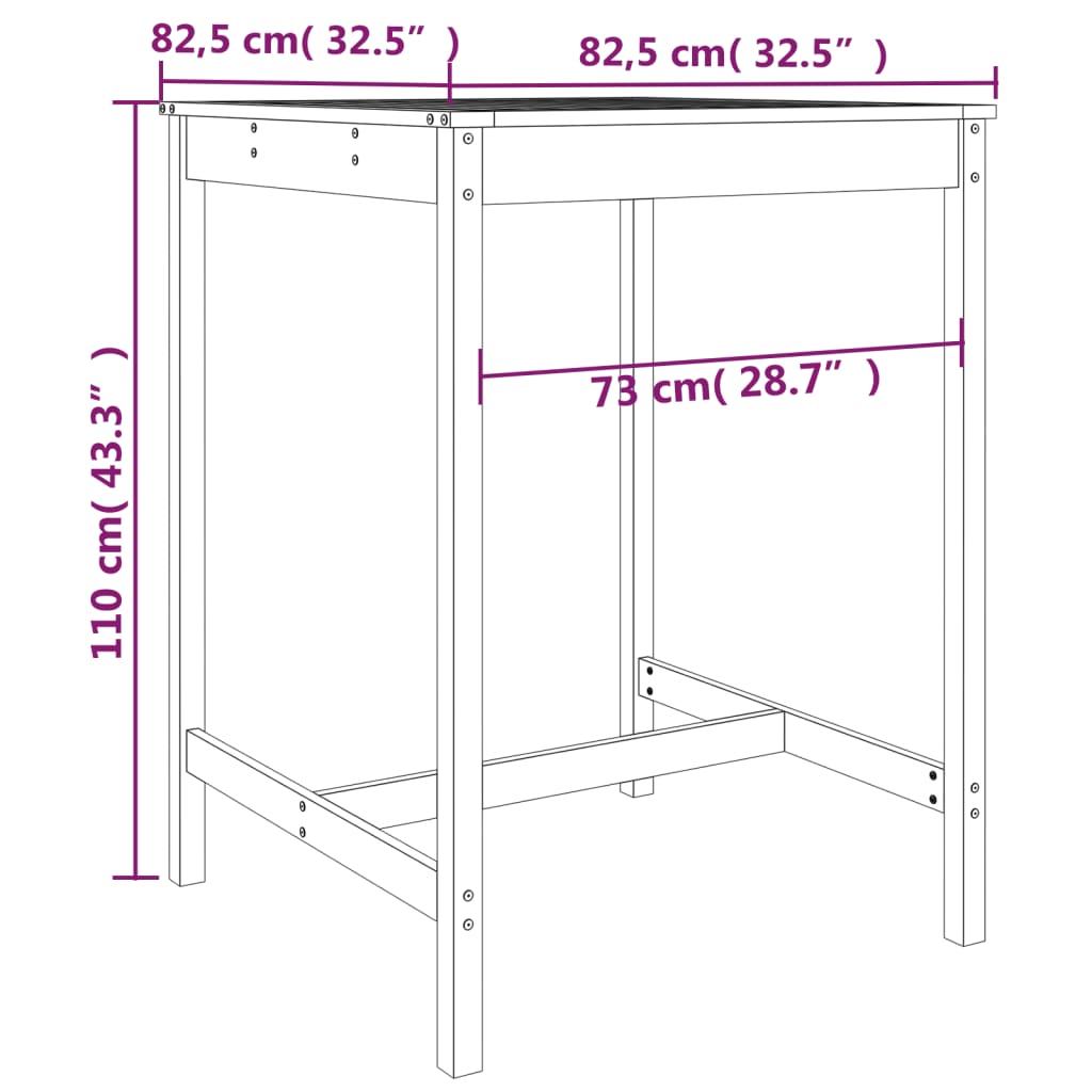 vidaXL Mesa de jardín madera maciza de pino 82,5x82,5x110 cm