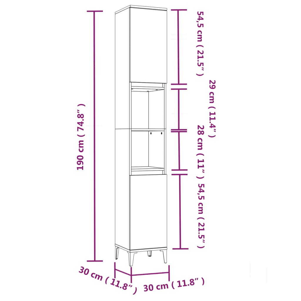 vidaXL Armario de baño madera contrachapada negro 30x30x190 cm