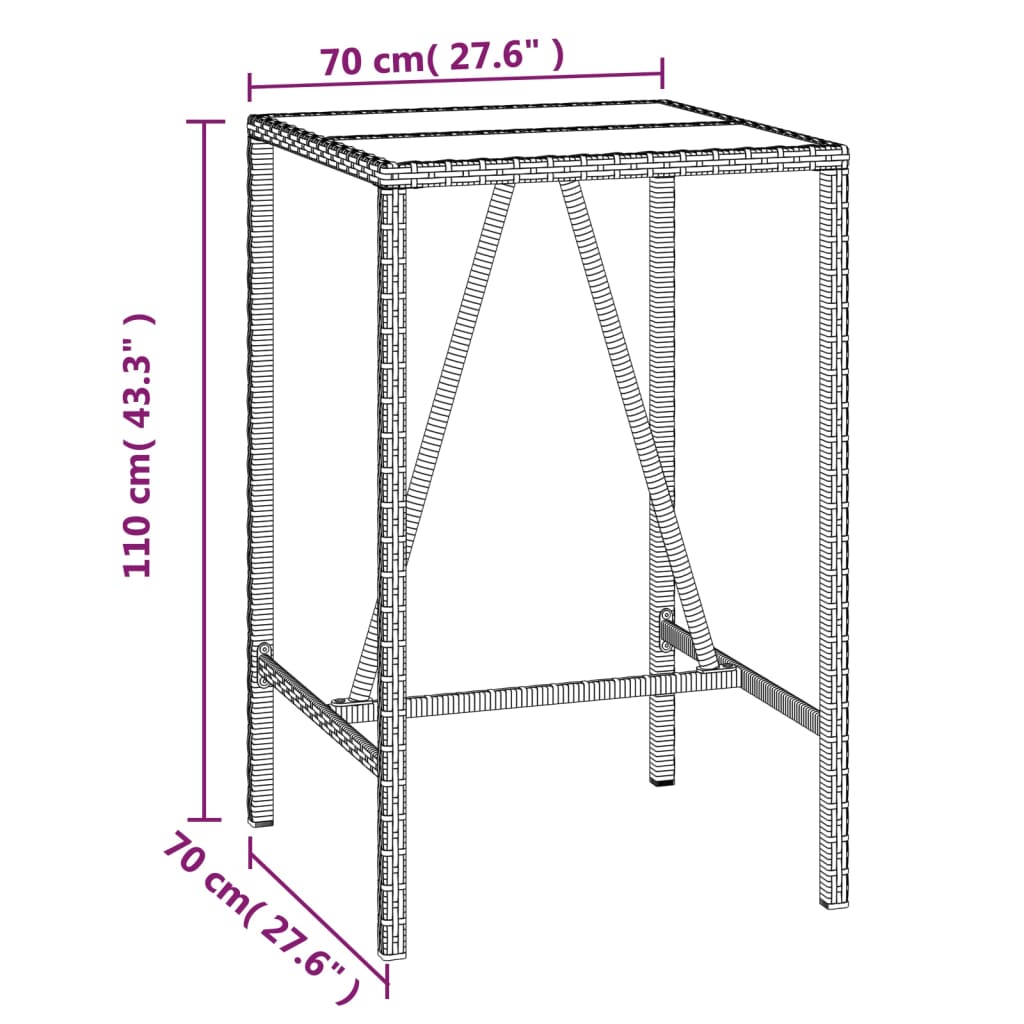 vidaXL Mesa alta bar ratán PE y superficie vidrio negro 70x70x110 cm