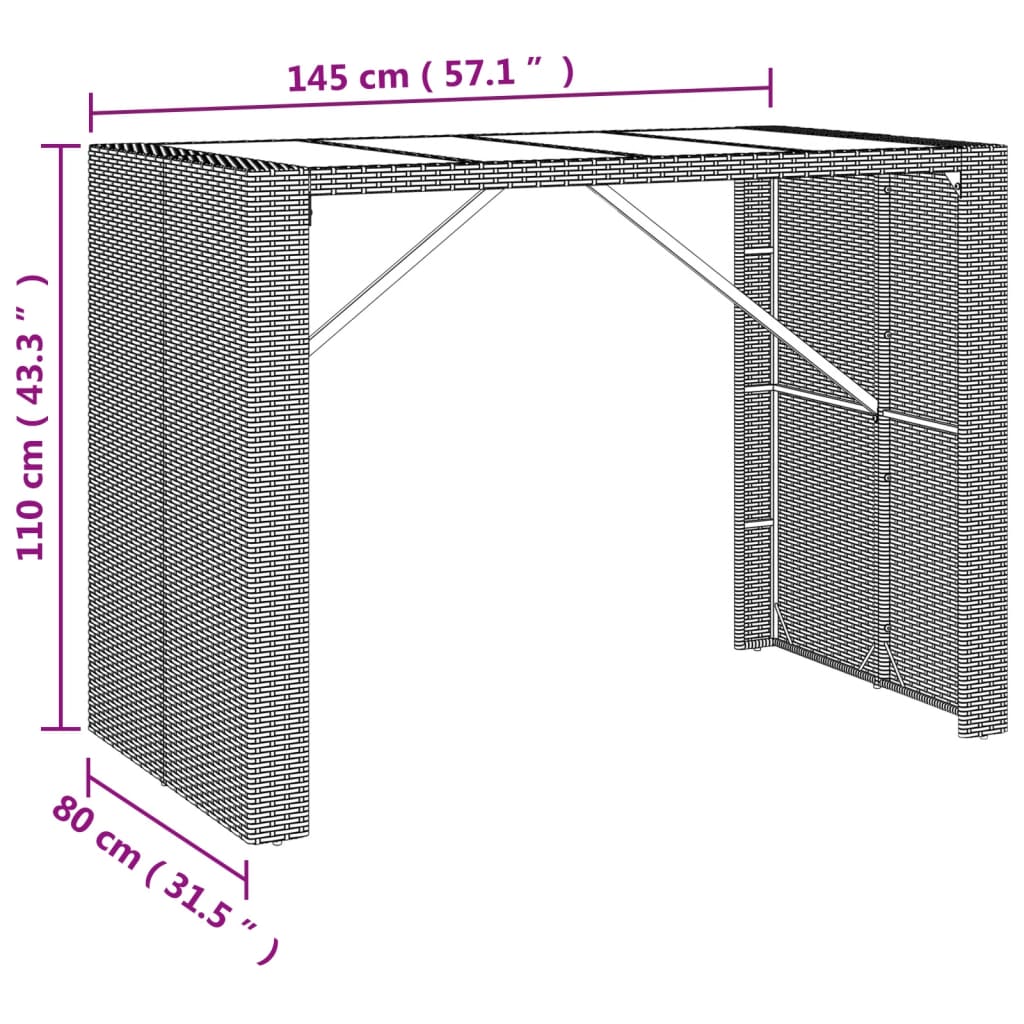 vidaXL Mesa alta bar ratán PE y superficie vidrio negro 145x80x110 cm