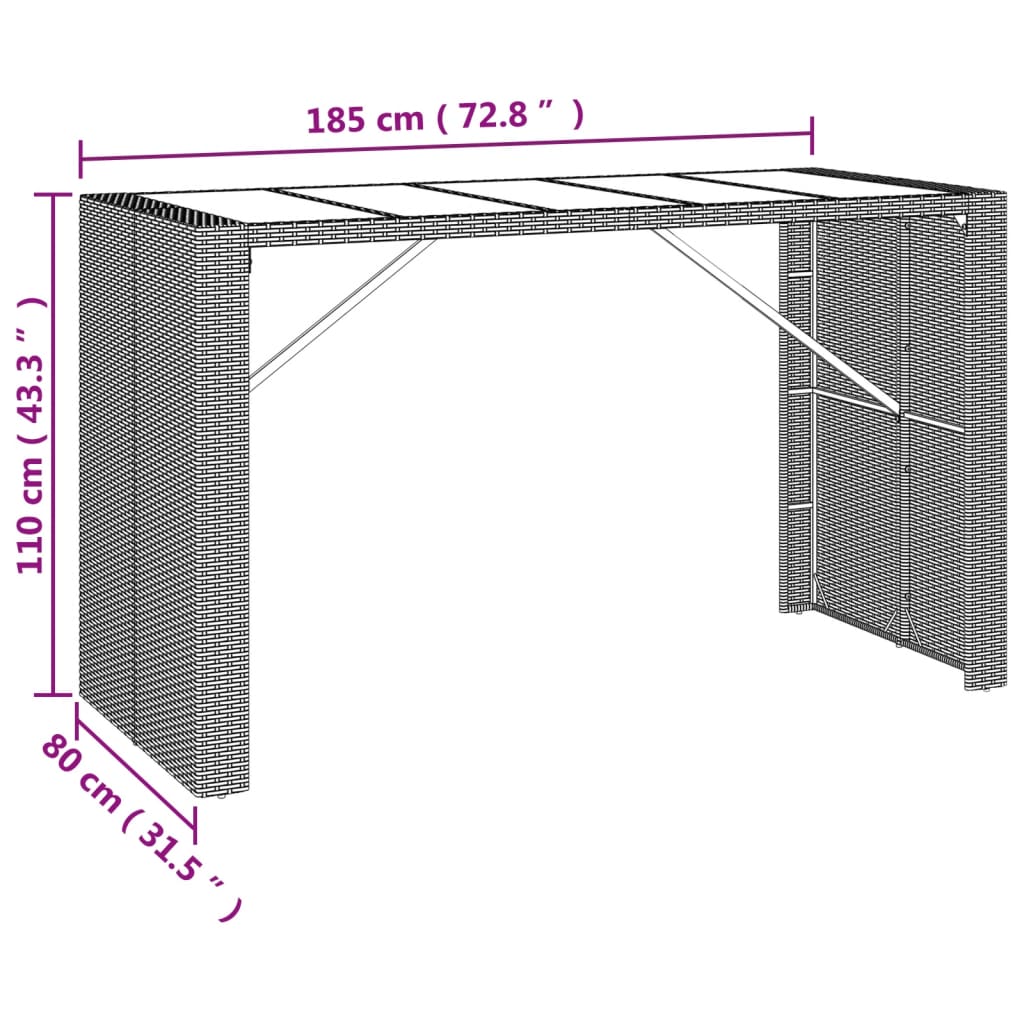 vidaXL Mesa alta bar ratán PE y superficie vidrio negro 185x80x110 cm