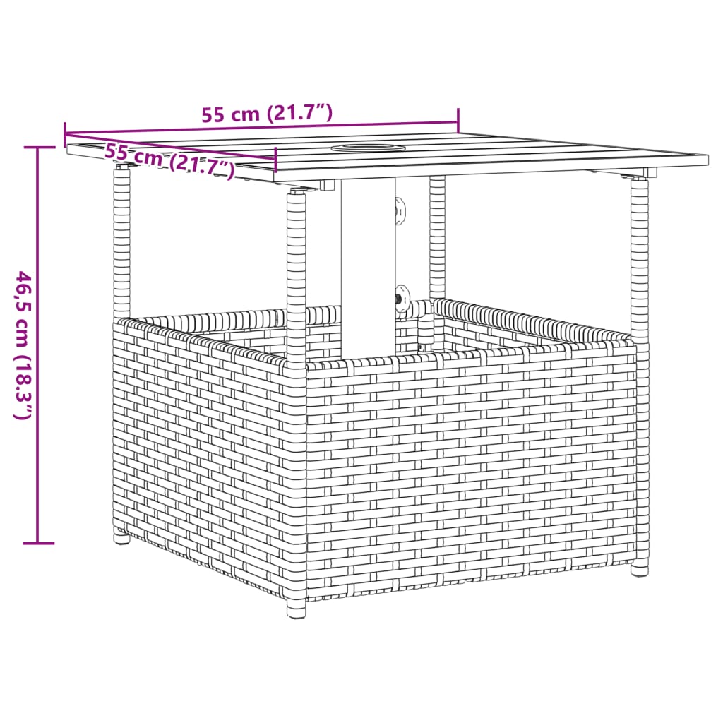 vidaXL Mesa de jardín agujero de sombrilla ratán negro 55x55x46,5 cm