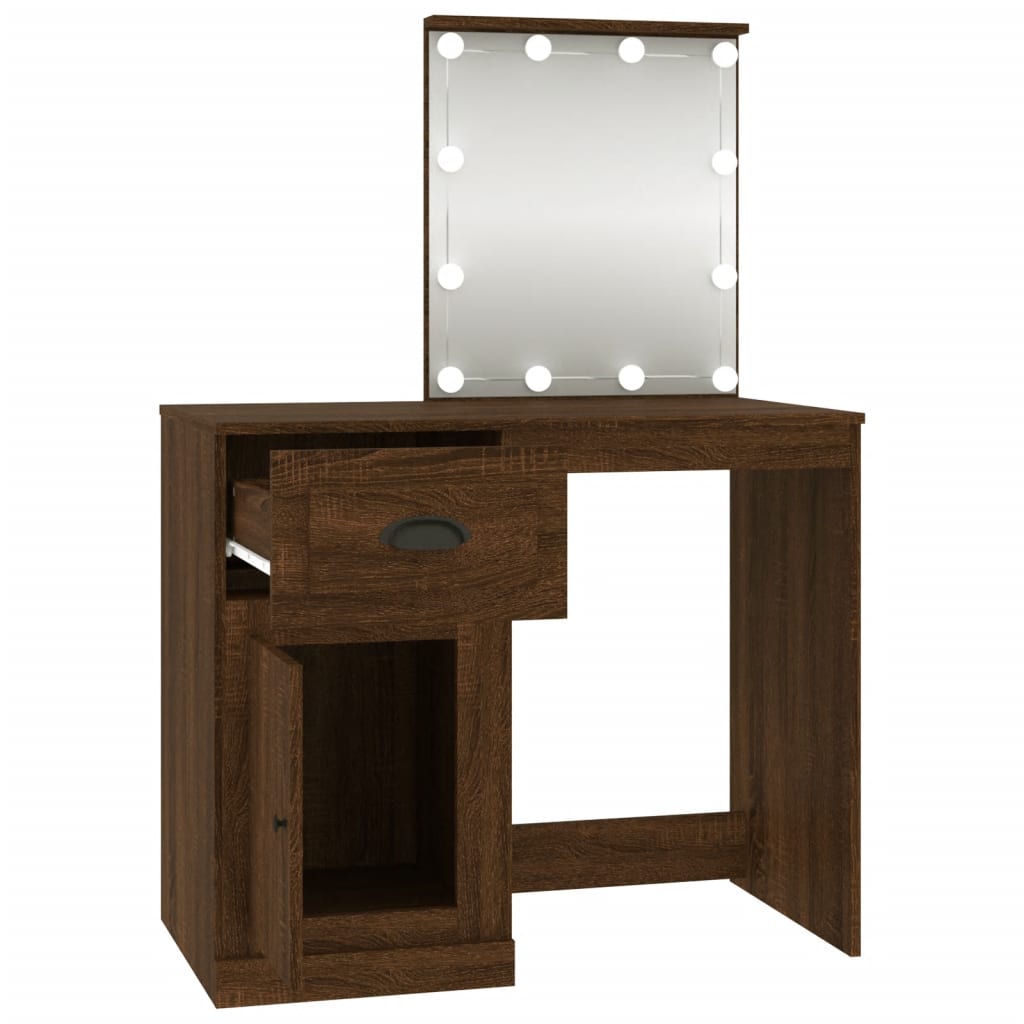 vidaXL Tocador con LED madera contrachapada marrón roble 90x50x132,5cm