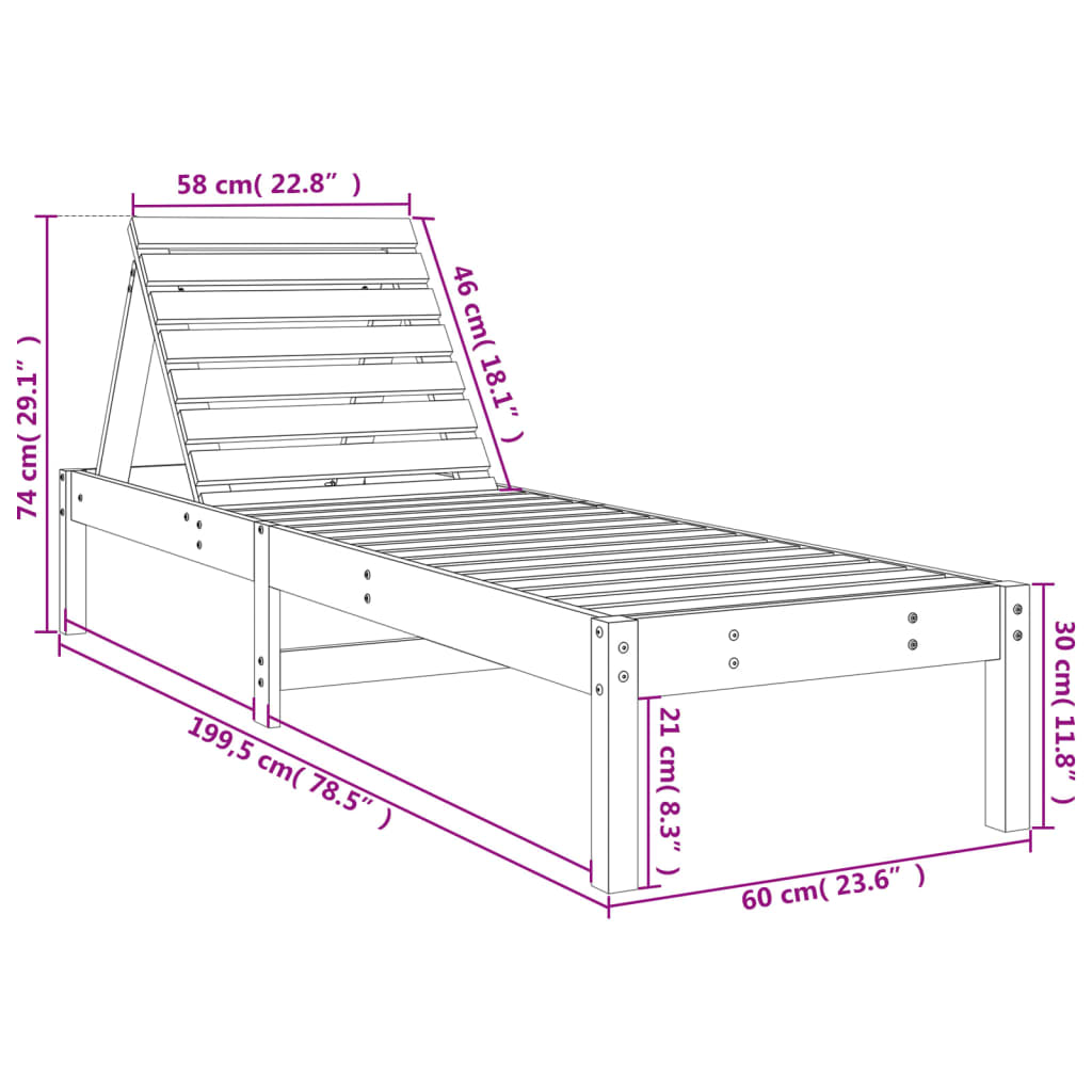 vidaXL Tumbonas 2 unidades madera maciza de pino 199,5x60x74 cm