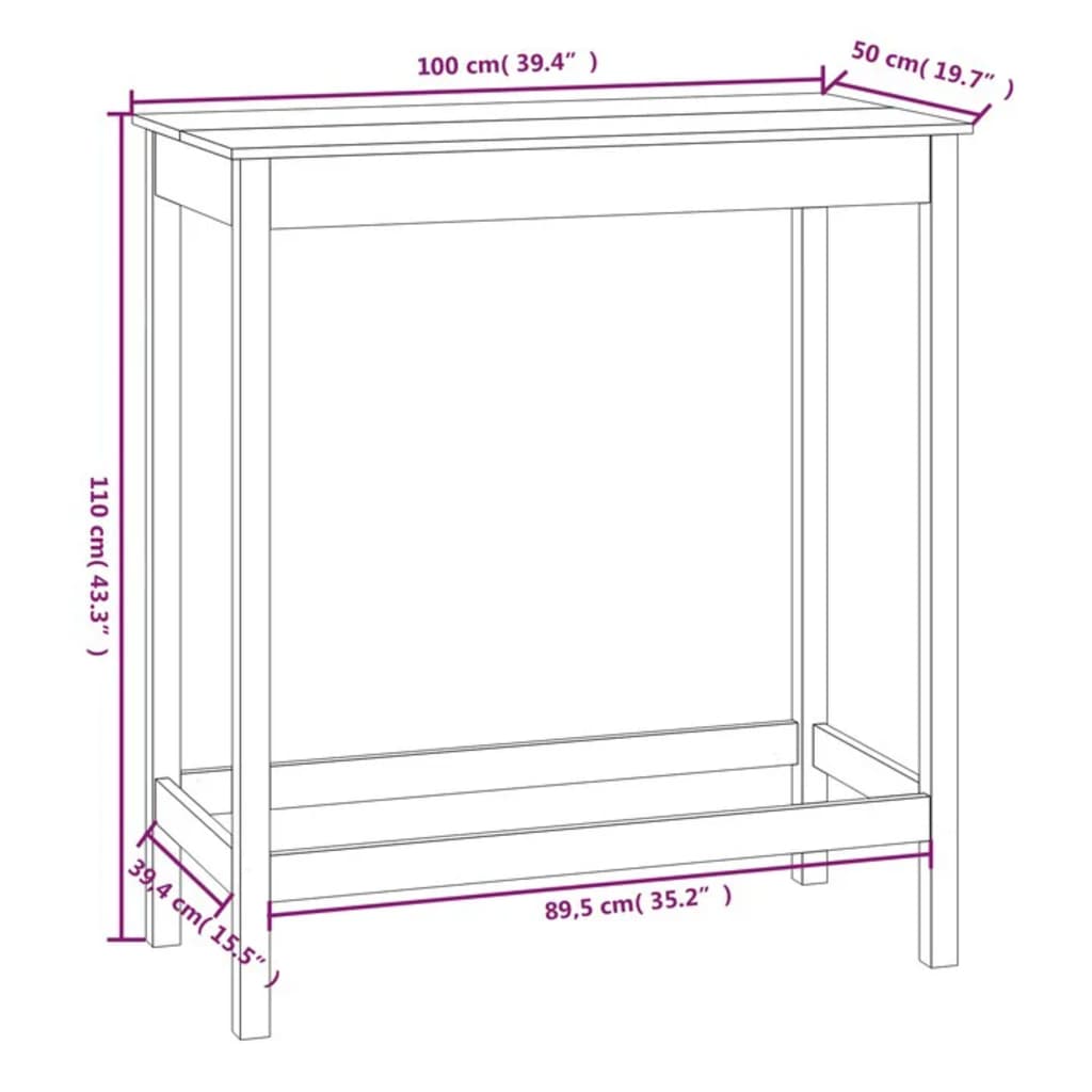 vidaXL Mesa alta de bar madera maciza de pino 100x50x110 cm