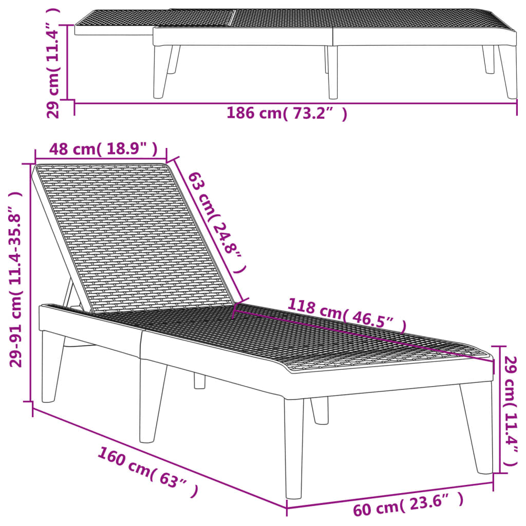 vidaXL Tumbona de PP gris 186x60x29 cm