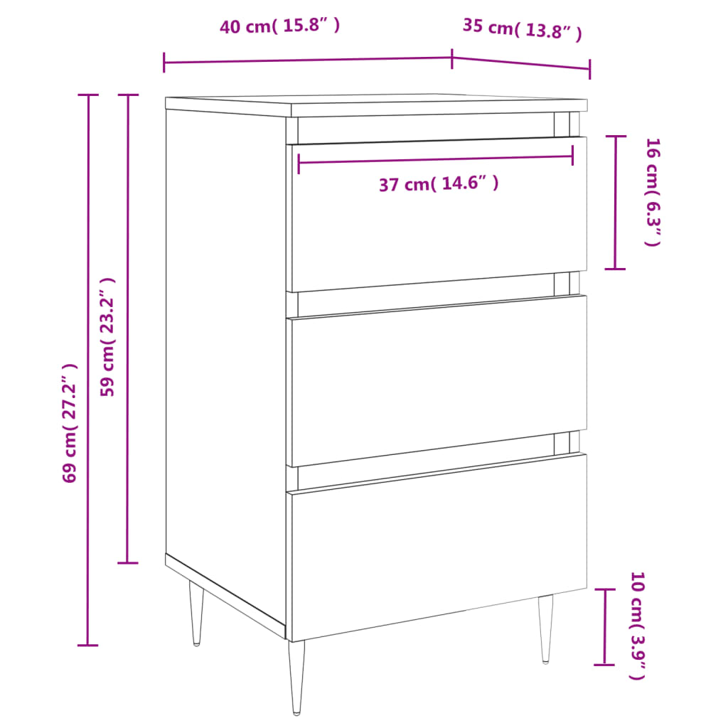 vidaXL Mesitas noche 2 uds madera ingeniería gris hormigón 40x35x69 cm