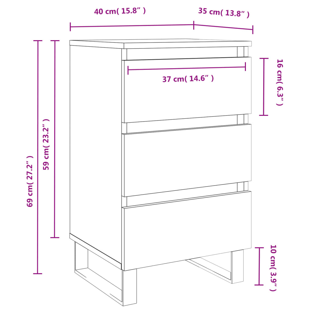 vidaXL Mesitas noche 2 uds madera ingeniería blanco brillo 40x35x69 cm