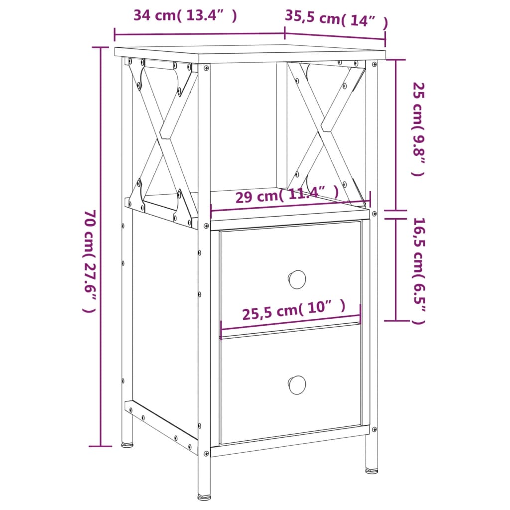 vidaXL Mesitas noche 2 uds madera ingeniería gris Sonoma 34x35,5x70 cm