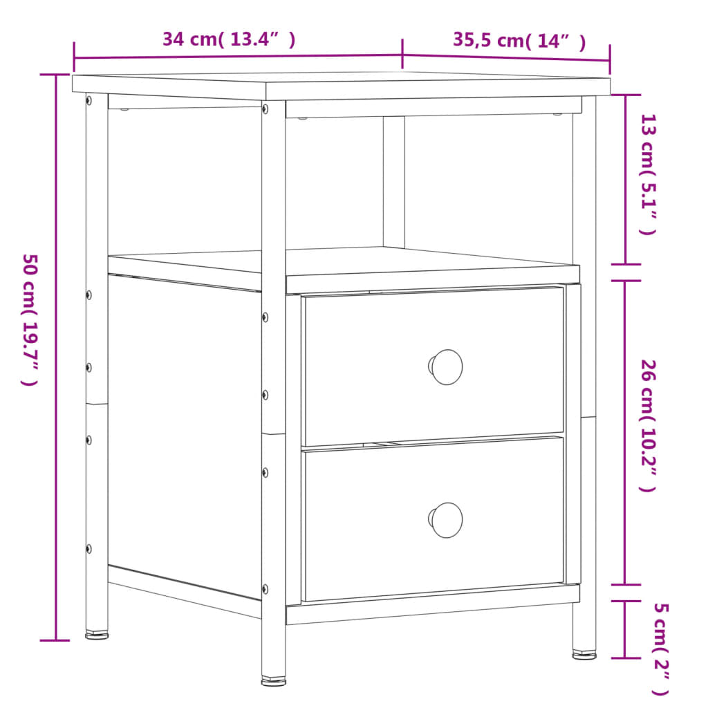 vidaXL Mesitas noche 2 uds madera ingeniería marrón roble 34x35,5x50cm