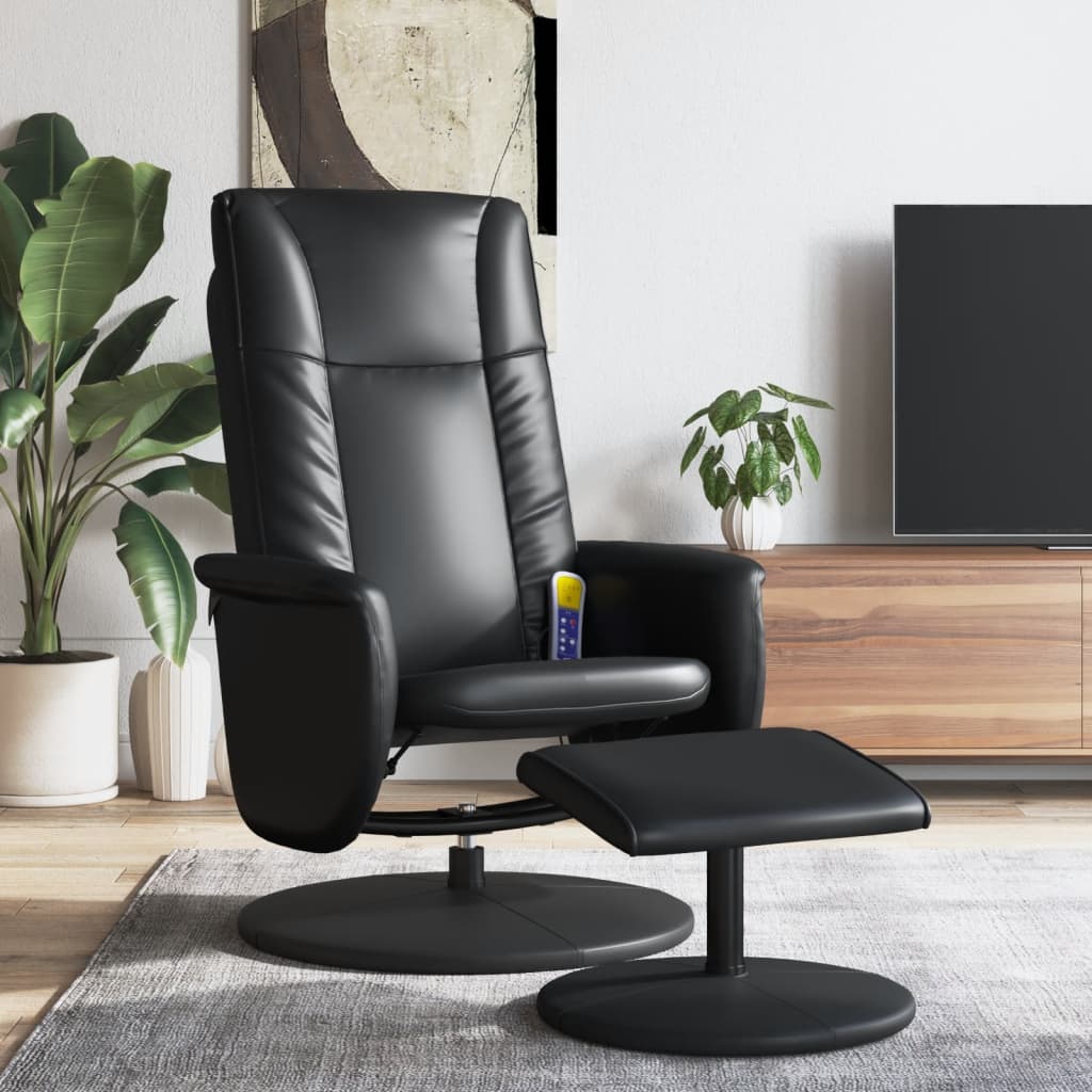 vidaXL Sillón reclinable masaje con reposapiés cuero sintético negro