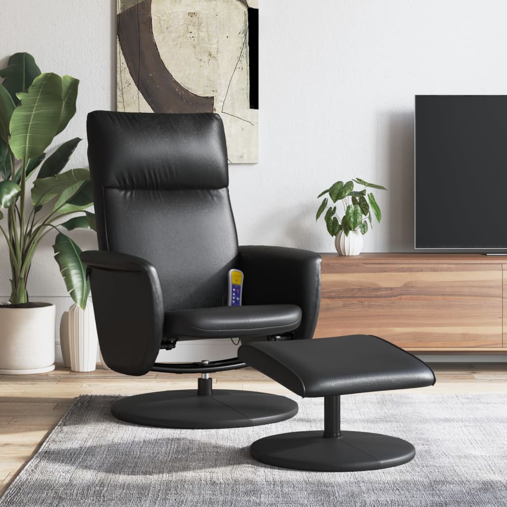 vidaXL Sillón reclinable masaje con reposapiés cuero sintético negro