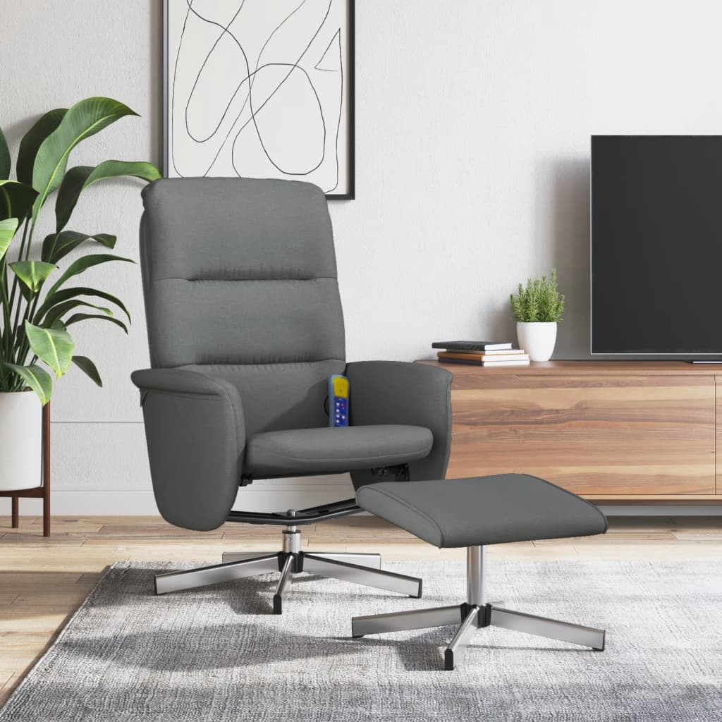 vidaXL Sillón reclinable de masaje con reposapiés tela gris oscuro