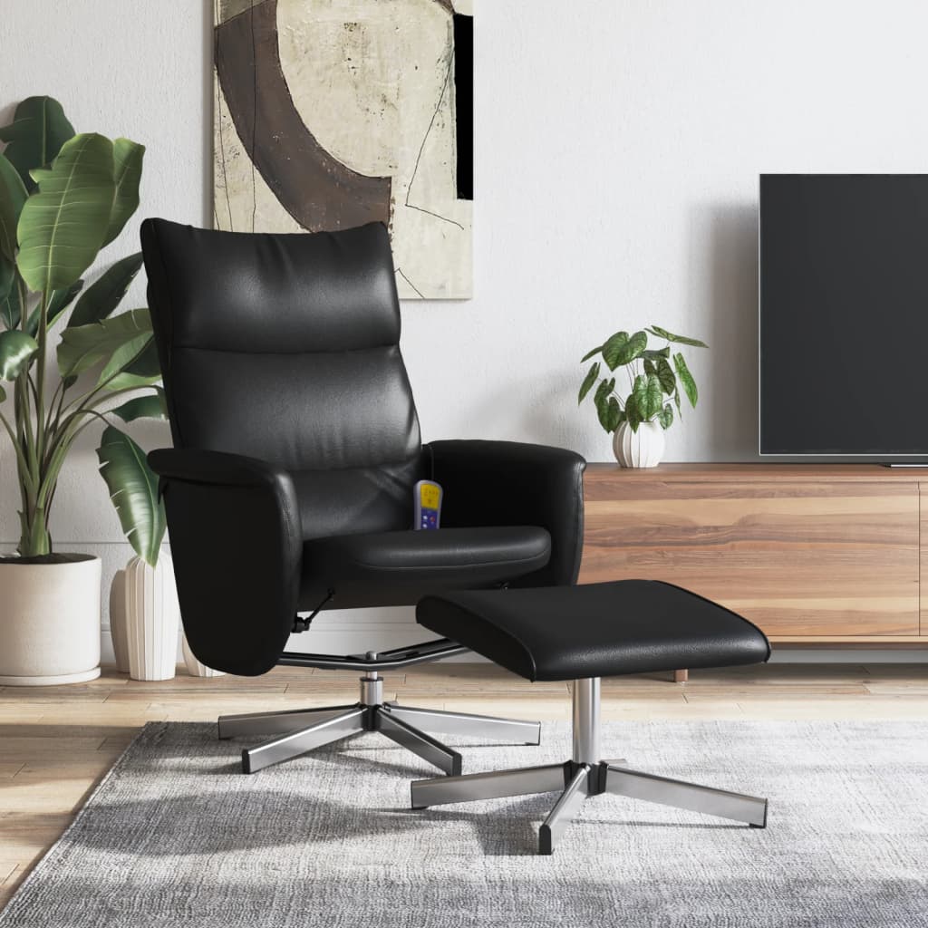 vidaXL Sillón reclinable masaje con reposapiés cuero sintético negro