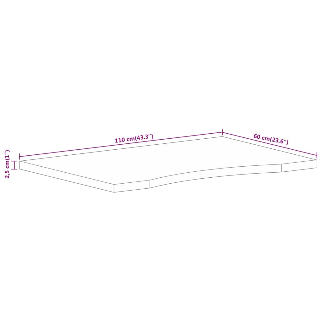 vidaXL Tablero escritorio con curva madera mango rugosa 110x60x2,5 cm