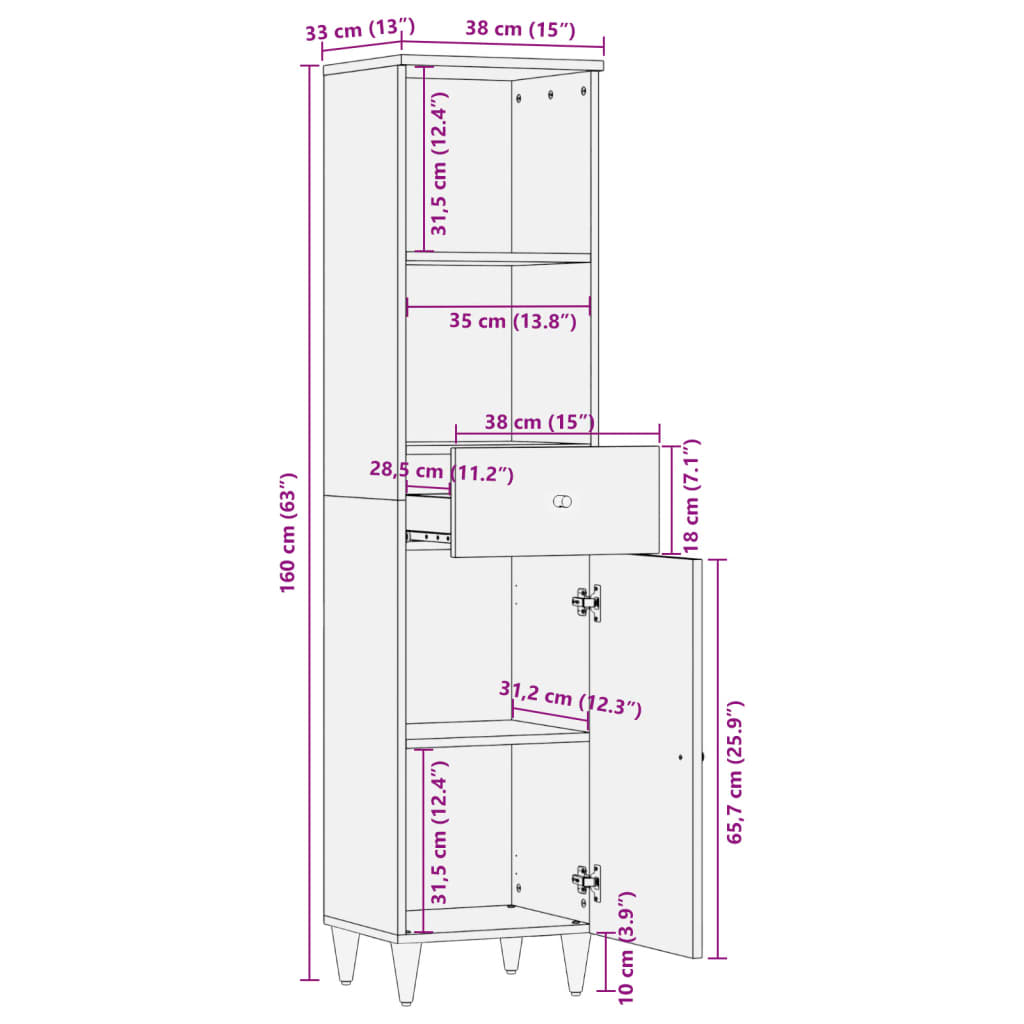 vidaXL Mueble de baño madera maciza de mango 38x33x160 cm