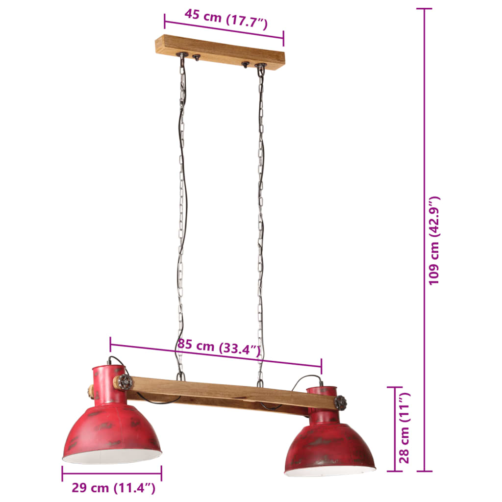 vidaXL Lámpara de techo rojo desgastado 25 W E27 85x28x109 cm