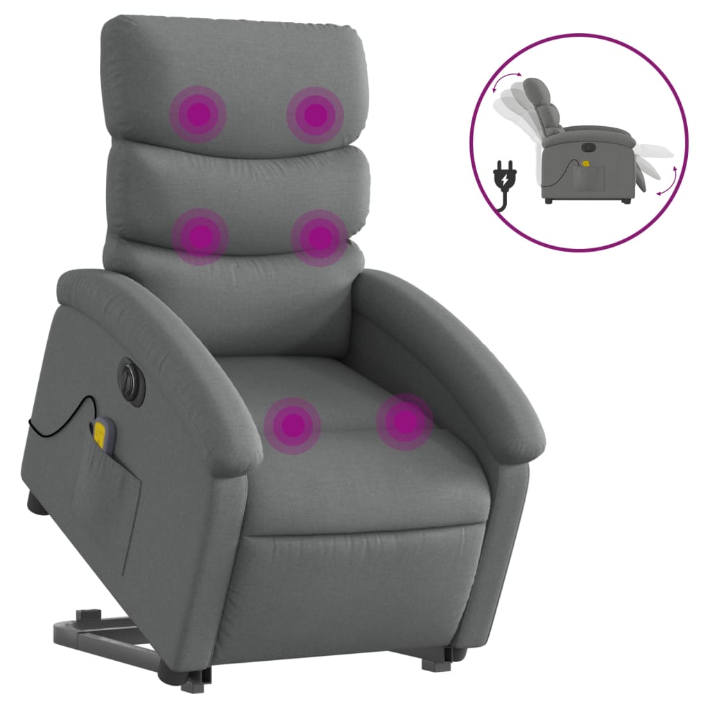 vidaXL Sillón de masaje eléctrico reclinable elevable tela gris oscuro